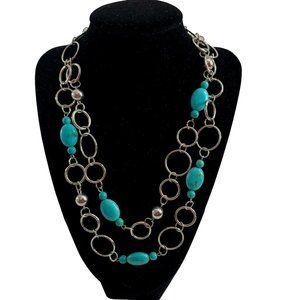 Faux Turquoise Necklace Silver Tone Chain Double Strand 20" Adjustable